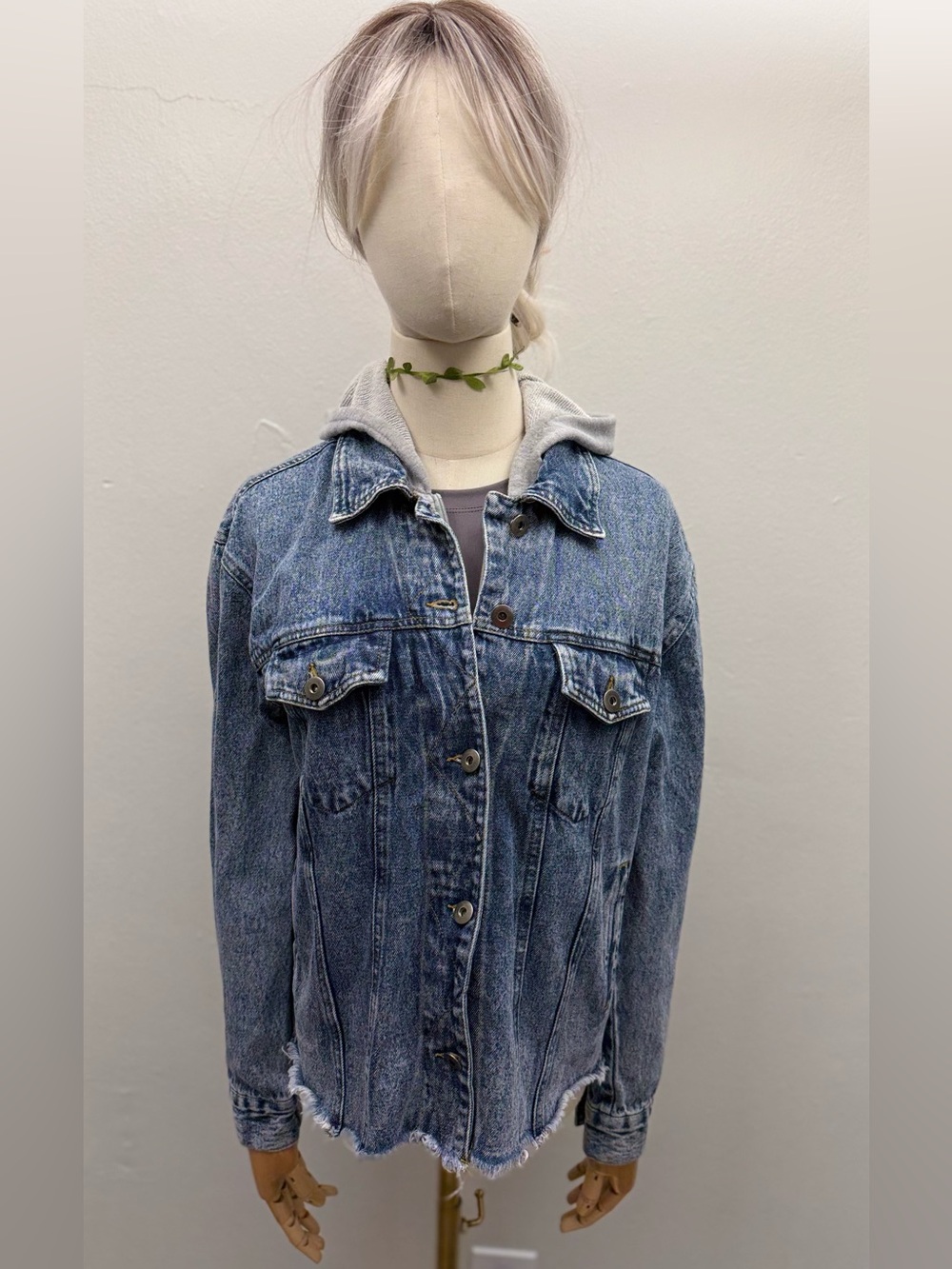 Love Tree Denim Hooded Jacket Small Blue Raw Hem Oversized Jean Jacket